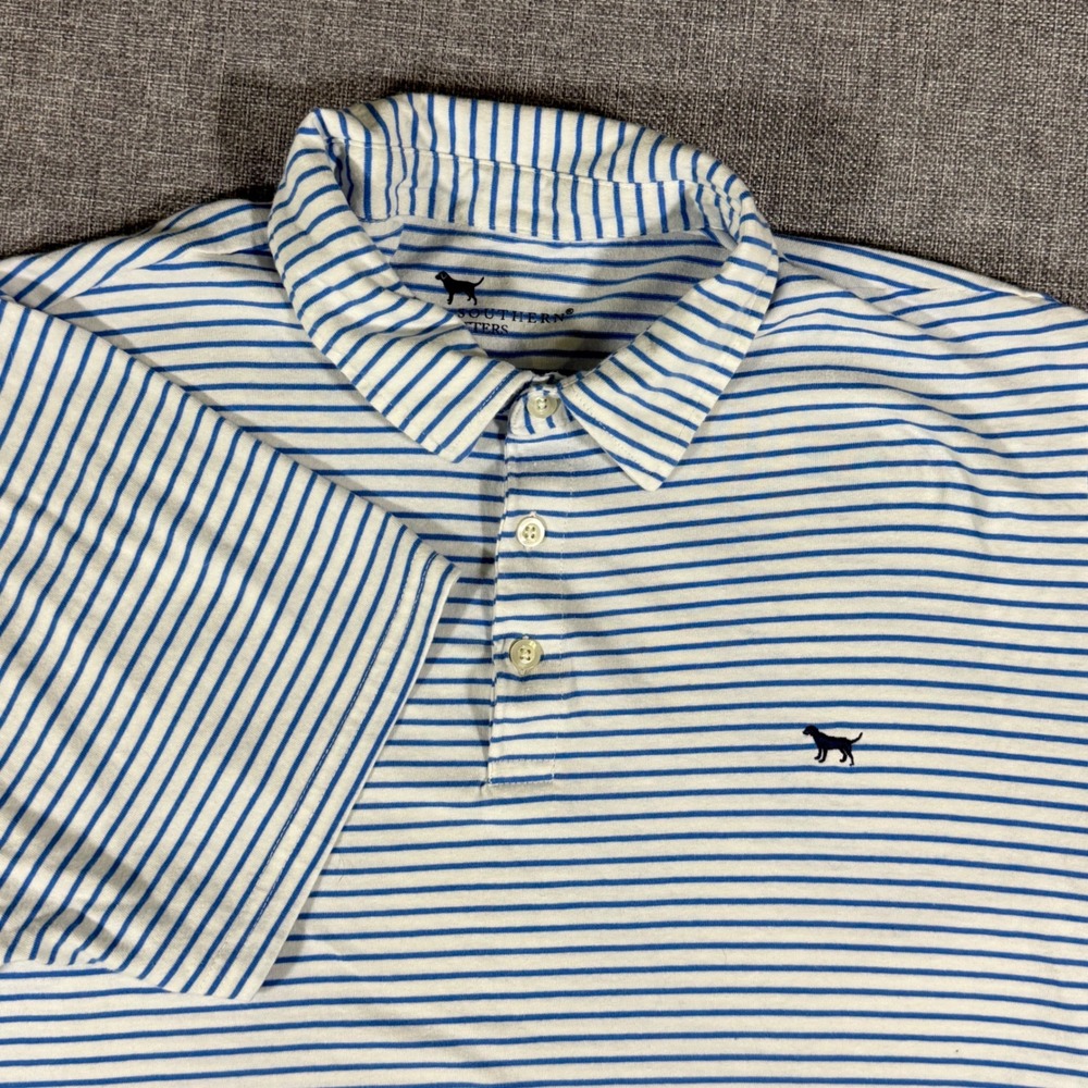Simply Southern Polo Mens XL Blue White Striped Preppy Coastal Dog Logo Tee